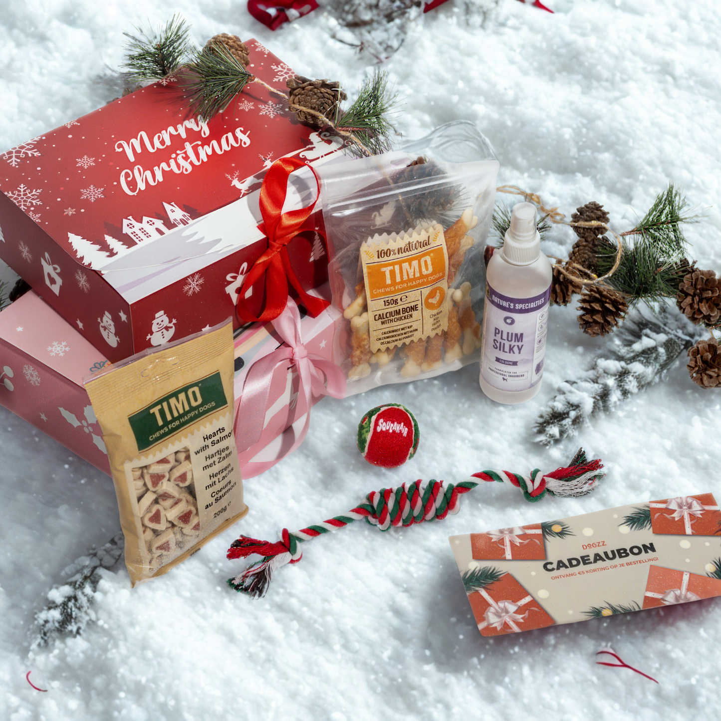 Honden Kerstpakket – Luxe Cadeaubox met Snacks & Speeltjes